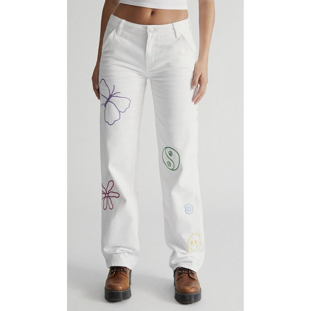 PacSun Women's Low Rise Carpenter Pants Size 22 Embroidered White Cotton